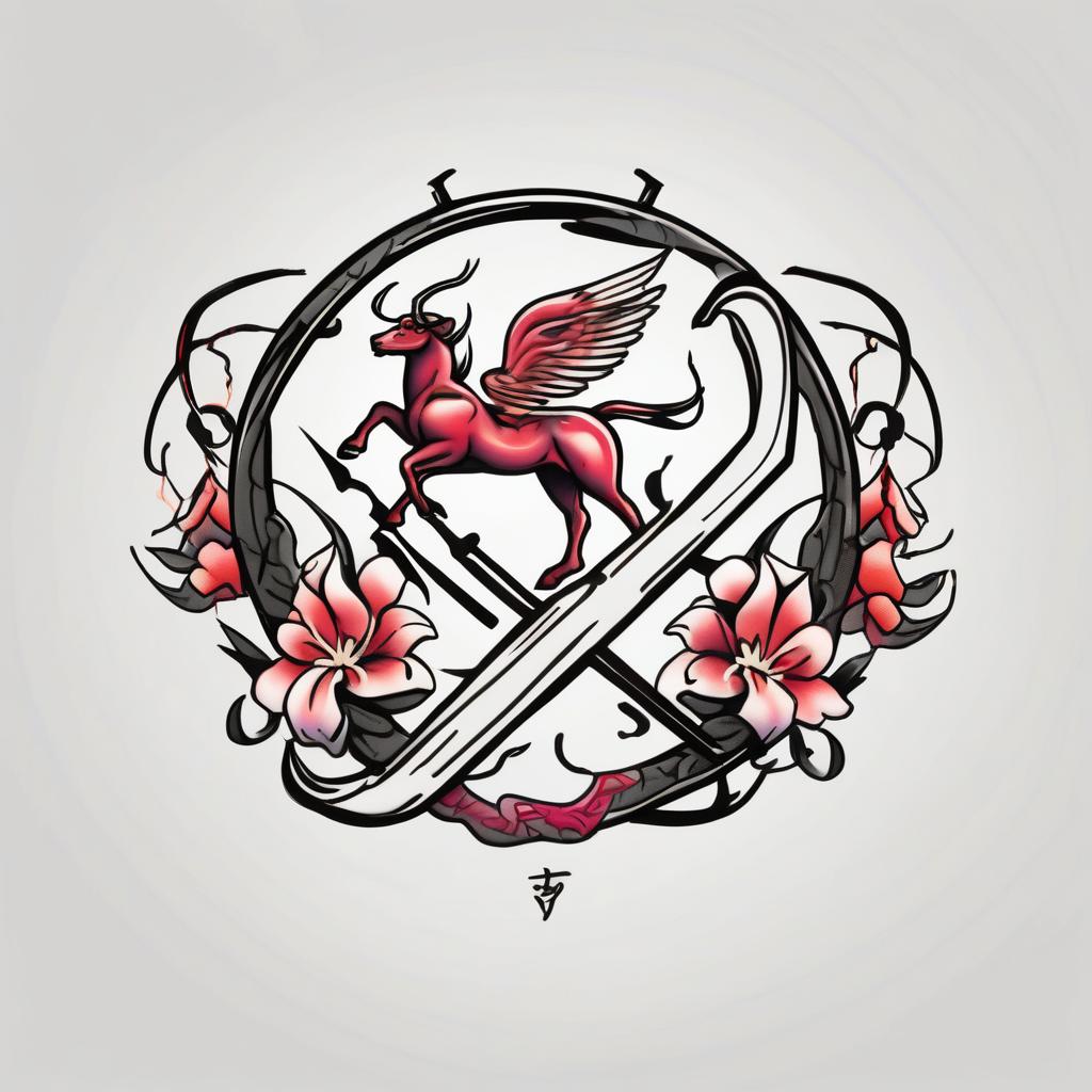 I want a small tattoo with a Sagittarius sign but incorporate Lillie's into it and give it a Japaneese feel floral sleeve tattoo(AIが生成した和彫りスタイルのタトゥーデザイン)